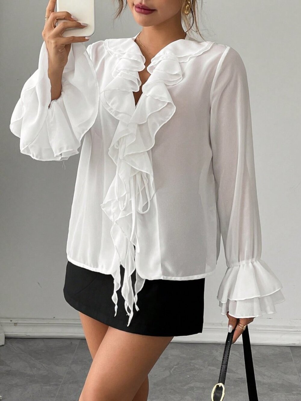 White Casual Women's Babydoll Ruffle V-Neck Long Sleeve Shirt with Tie-Up Detail - Picture 3 of 6